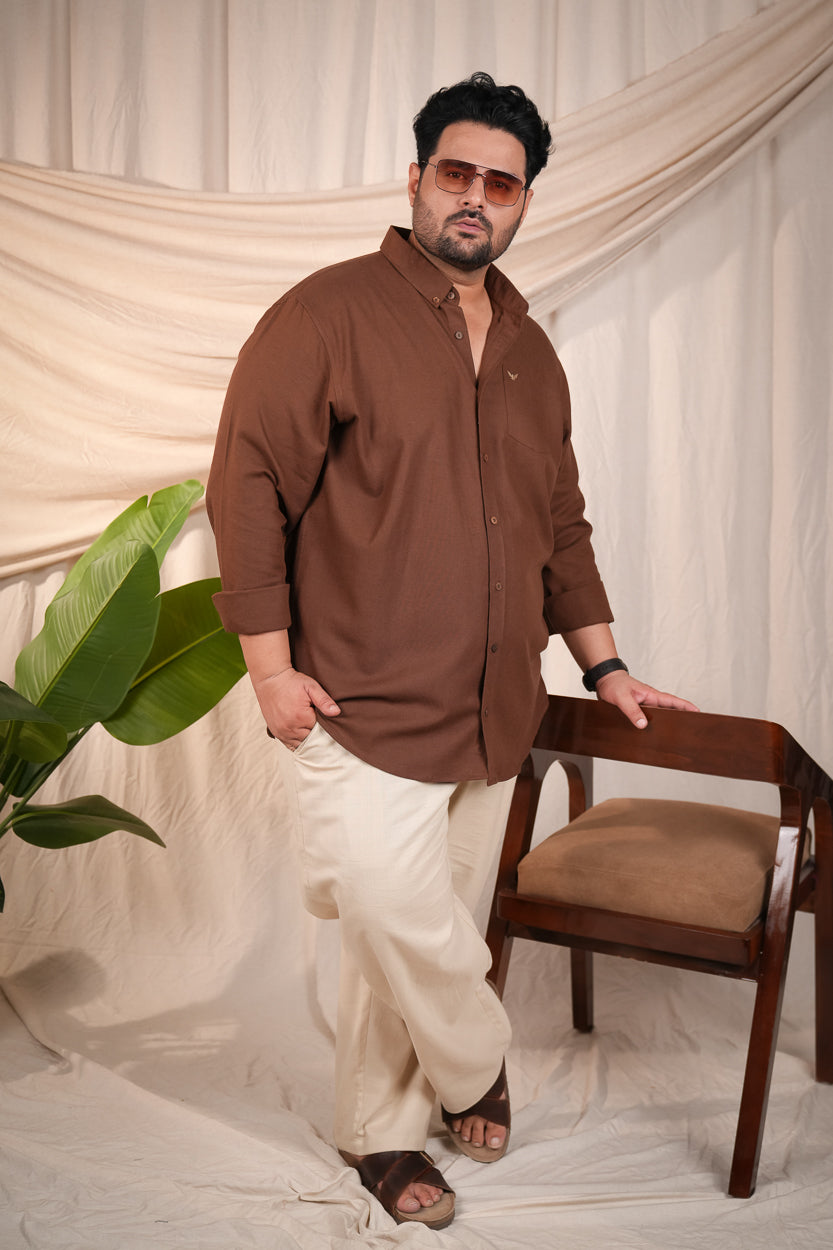 Dark Brown Solid Slim Regular Fit Plus Size Linen Cotton Shirt
