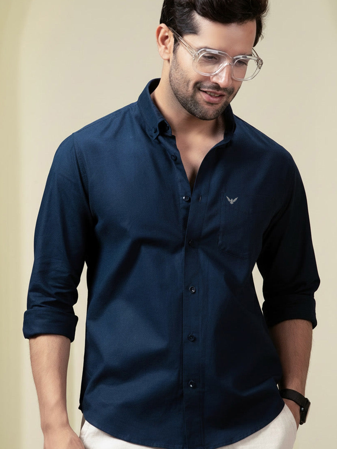 Navy Blue Pre-Washed Linen Blend Shirt