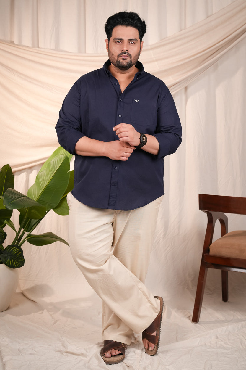 Navy Blue Pre-Washed Linen Blend Regular Fit Plus Size Shirt