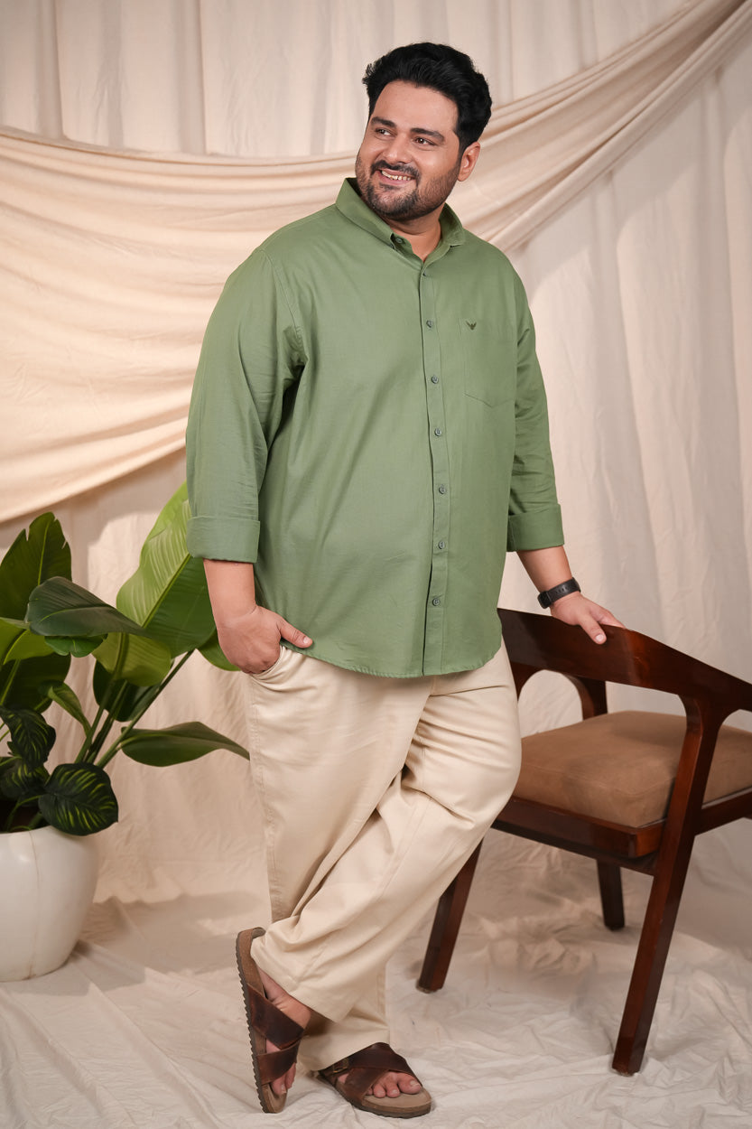 Moss Green Pre-Washed Linen Cotton Regular Fit Plus Size Shirt