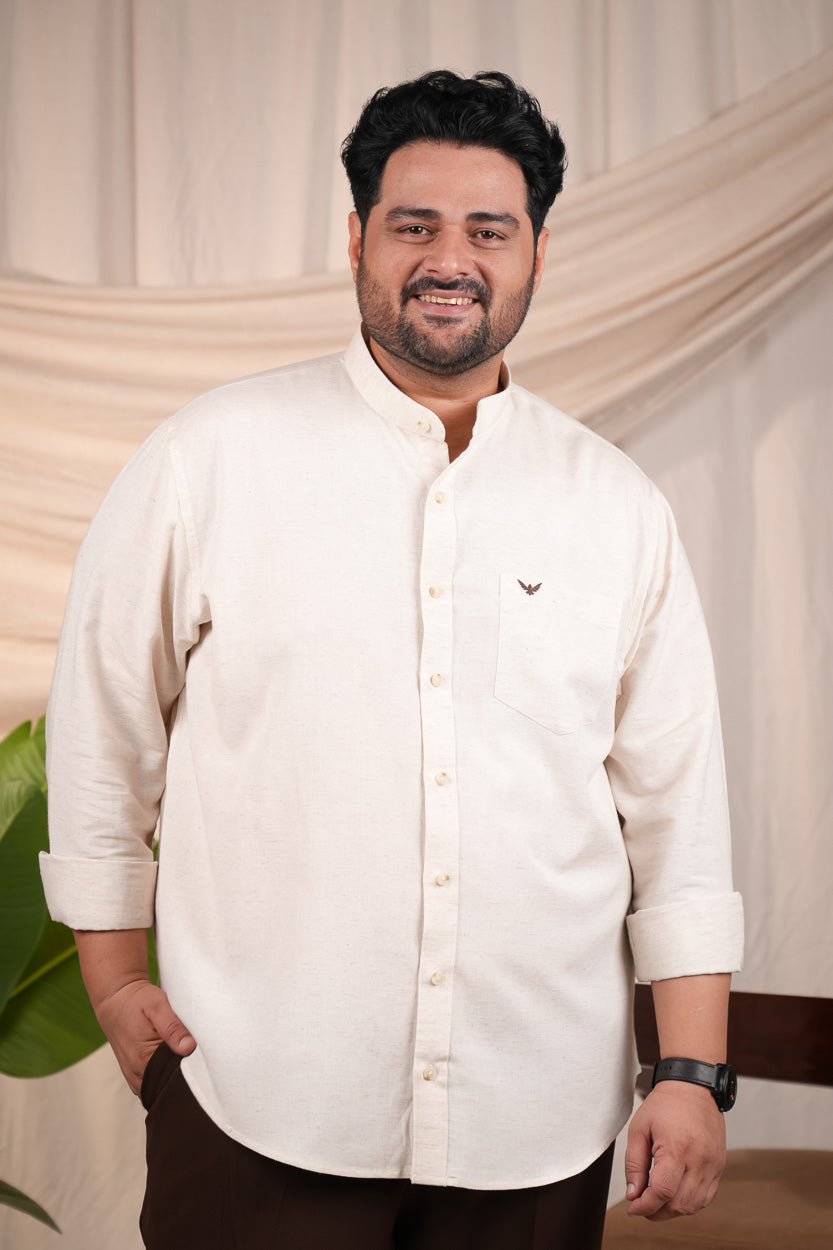 Beige Band Collar Linen Blend Regular Plus Size Shirt