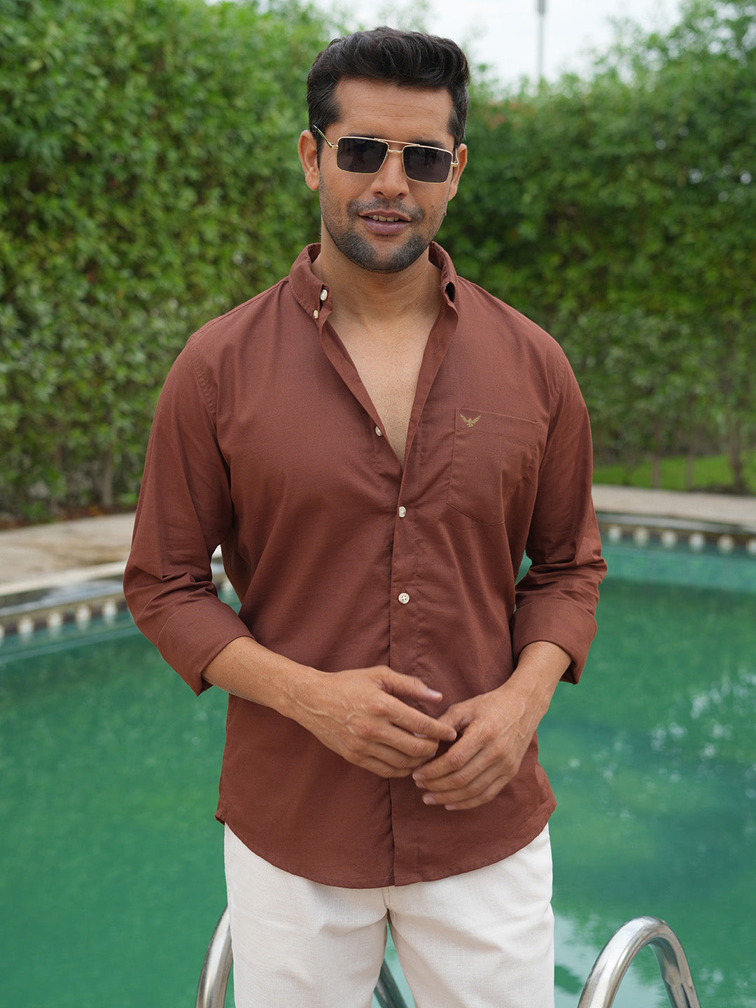 Rust Solid Pre-Washed Slim Fit Linen Cotton Shirt