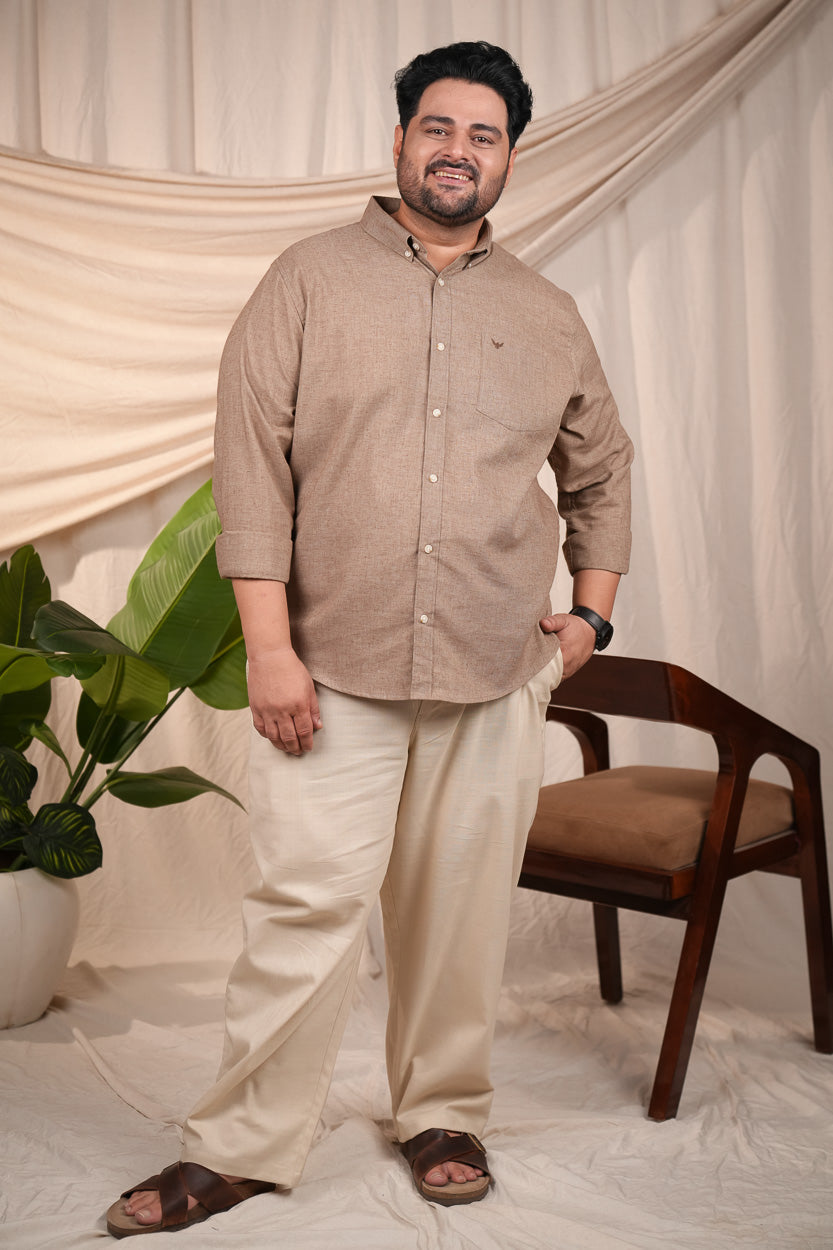Brown Natural Textured Solid Pre-Washed Slim Fit Linen Cotton Regular Fit Plus Size Shirt