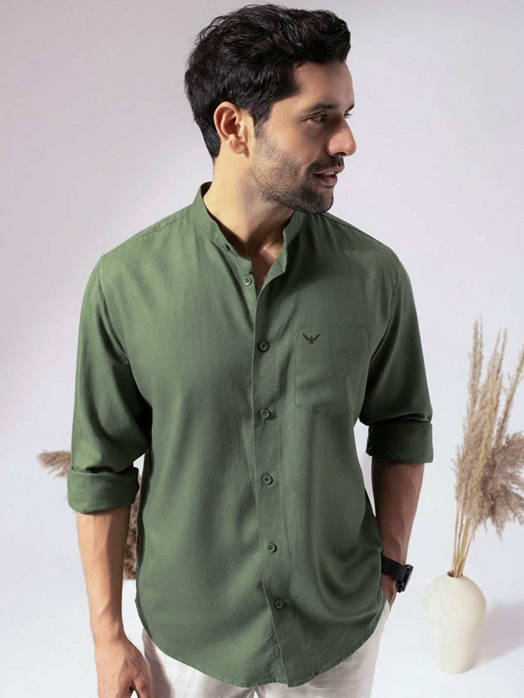 Green Band Collar Linen Blend Shirt
