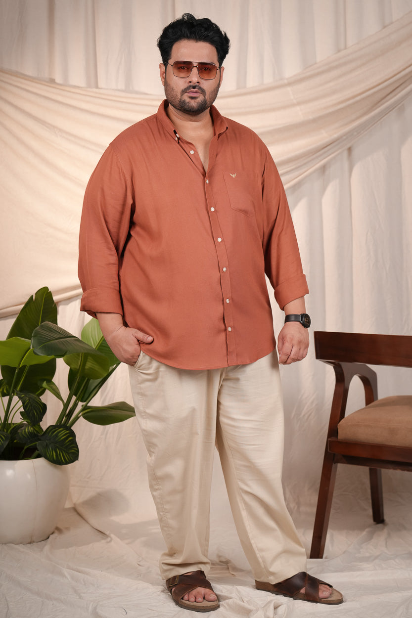 Rust Solid Pre-Washed Slim Fit Linen Cotton Regular Fit Plus Size Shirt