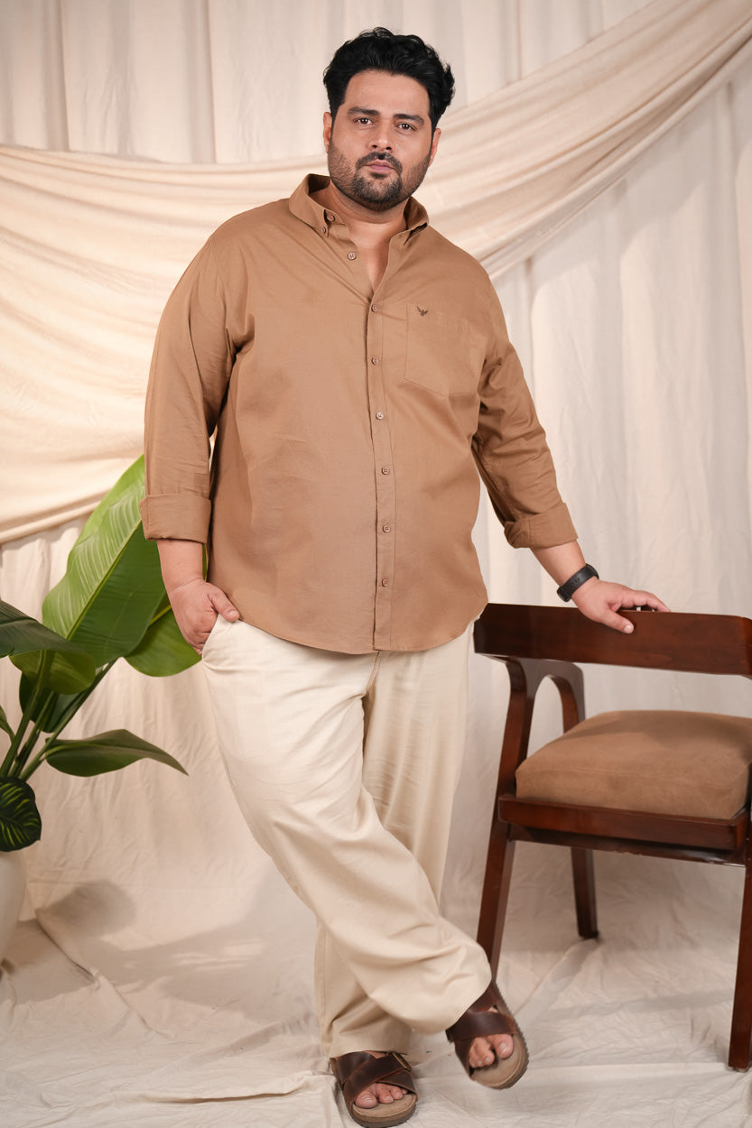 Brown Pre-Washed Linen Blend Regular Fit Plus Size Shirt