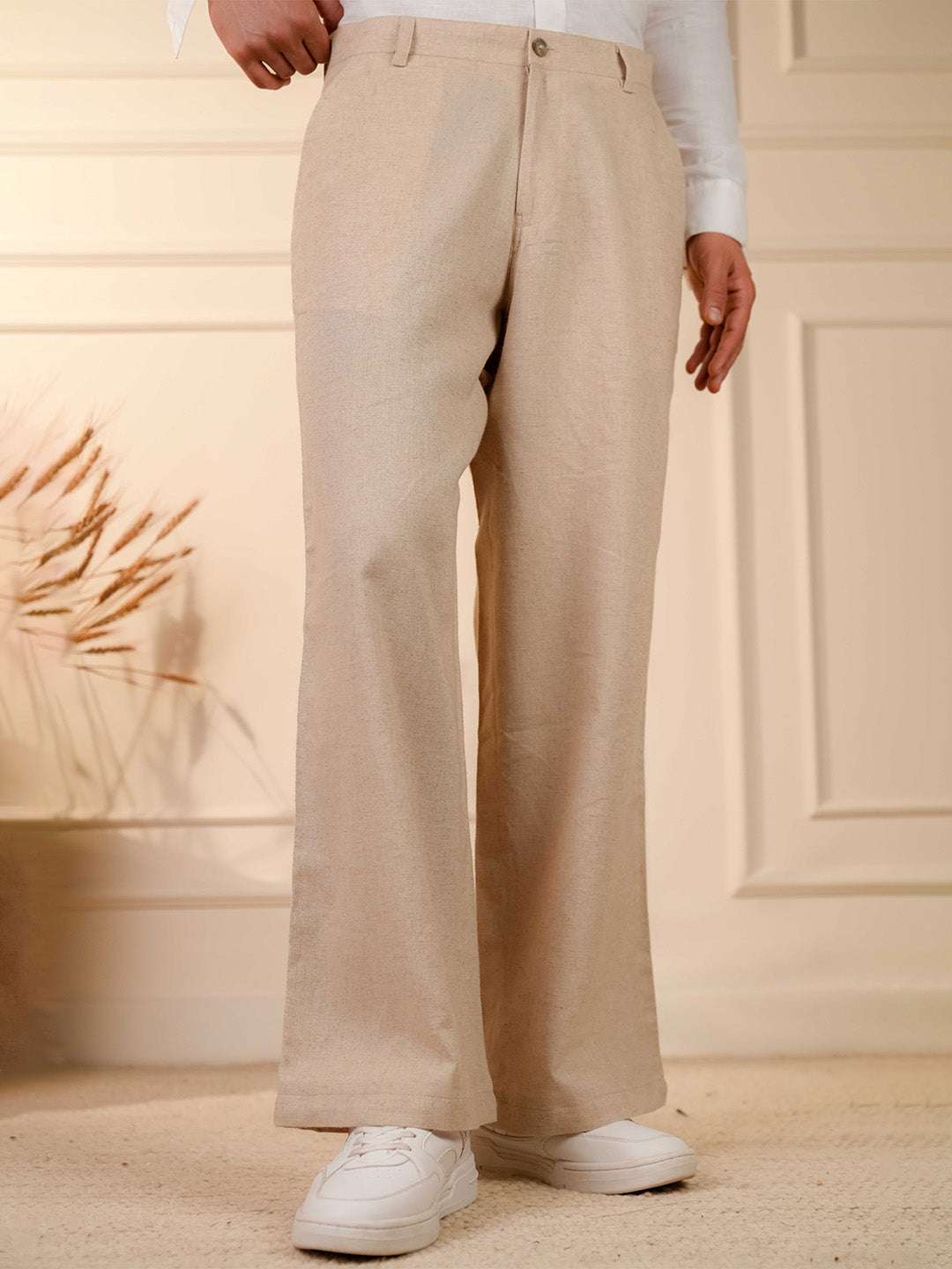 Natural Grain Beige Solid Linen Cotton Relaxed Fit Pants