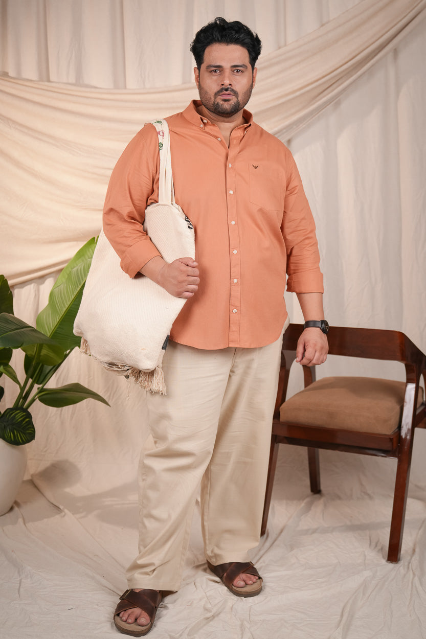 Orange Solid Pre-Washed Slim Fit Linen Cotton Regular Fit Plus Size Shirt