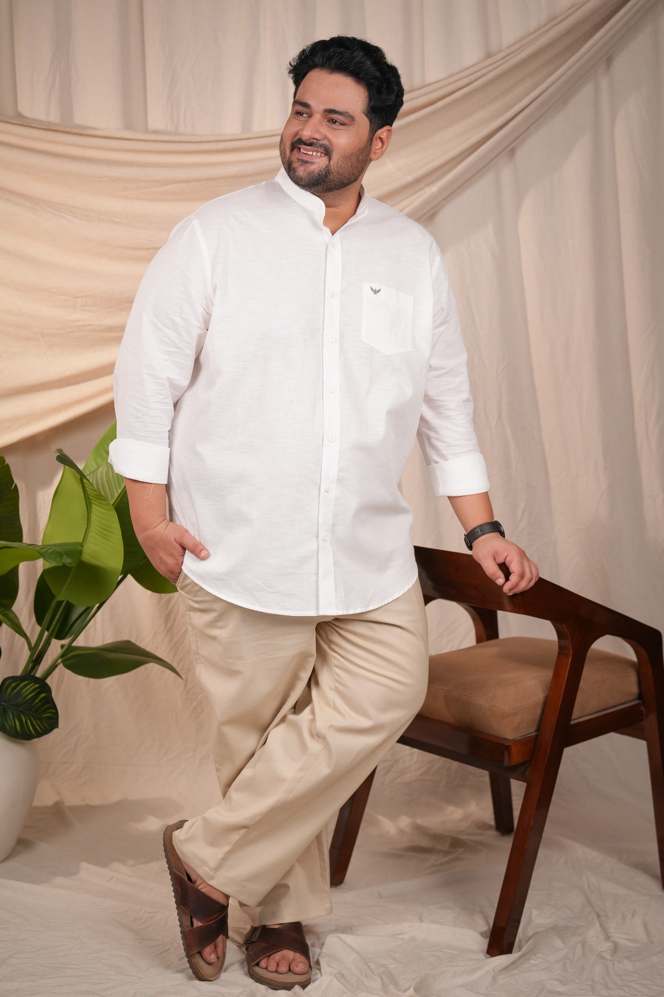 Crystal White Linen Blend Band Slim Fit Regular Plus Size Cotton Shirt