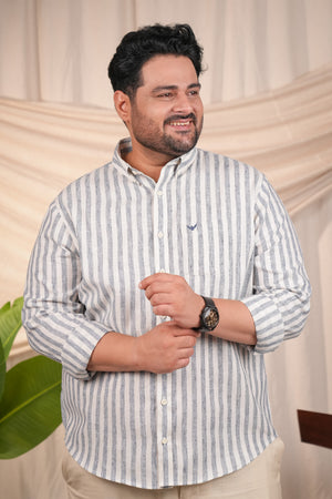 Ocean Blue Stripes Pre-Washed Linen Cotton Regular Plus Size Shirt