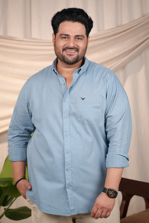 Aqua Blue Pre-Washed Regular Plus Size Linen Blend Shirt