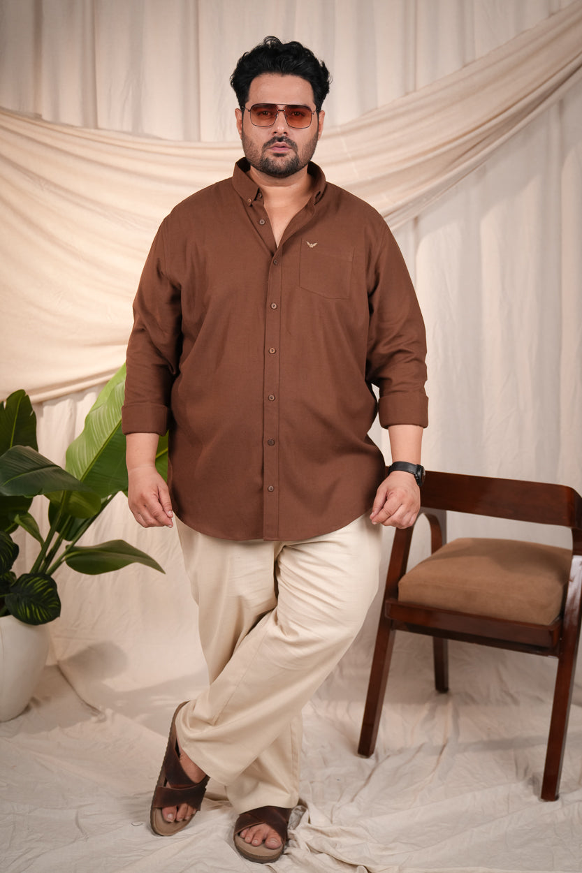 Dark Brown Solid Slim Regular Fit Plus Size Linen Cotton Shirt