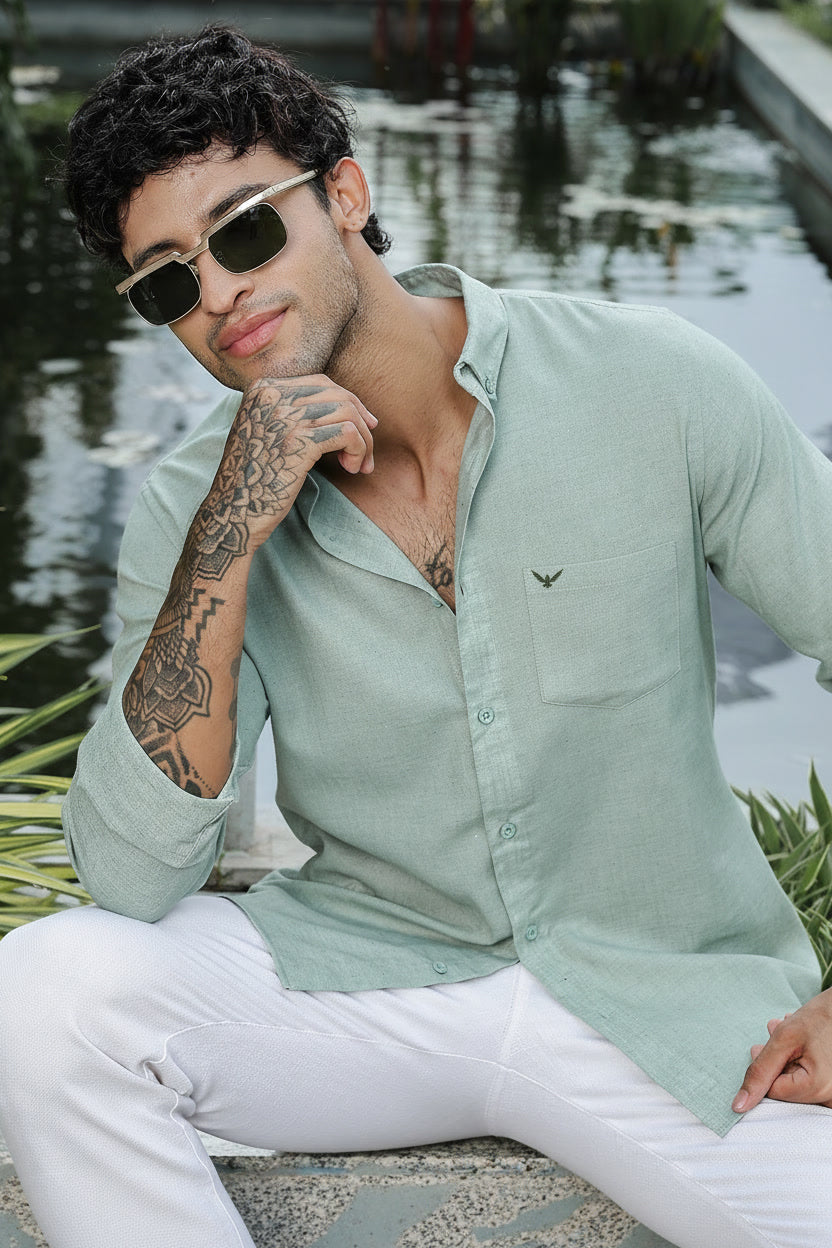 Pastel Green Solid Slim Fit Pre-Washed Linen Shirt