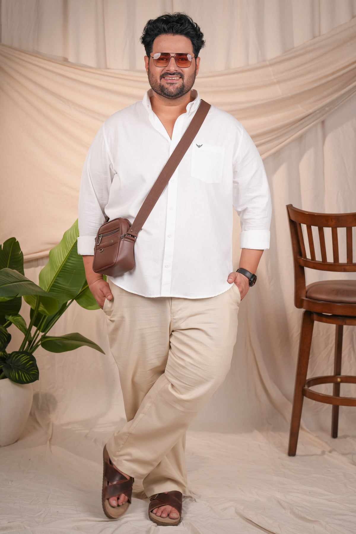 Crystal White Pre-Washed Linen Blend Button Down Regular Plus Size Shirt