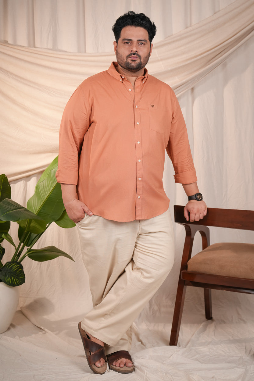 Orange Solid Pre-Washed Regular Plus Size Linen Cotton Shirt