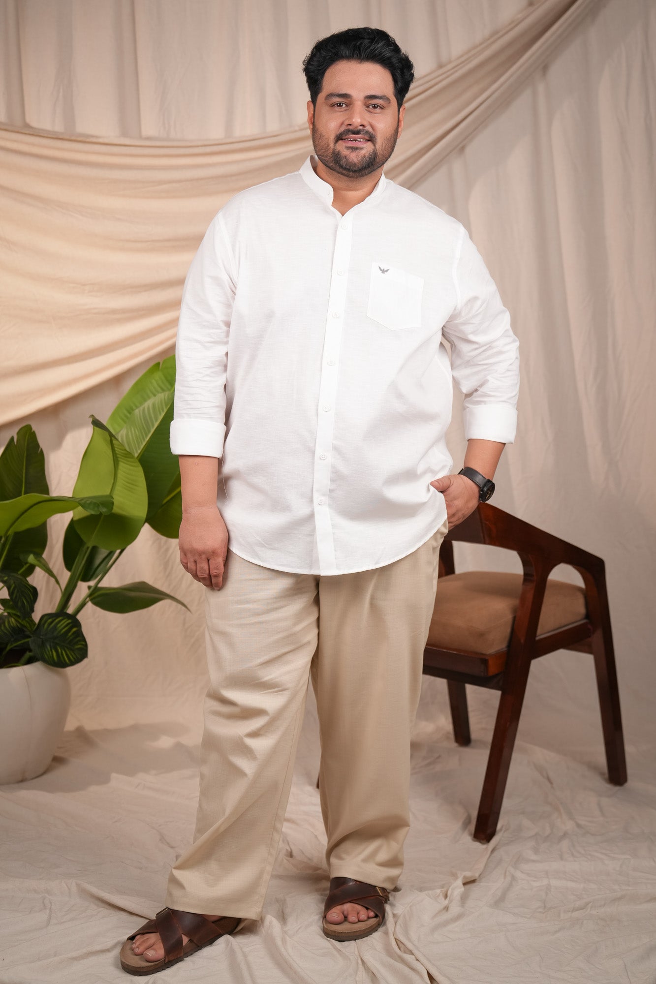 Crystal White Linen Blend Band Slim Fit Regular Plus Size Cotton Shirt