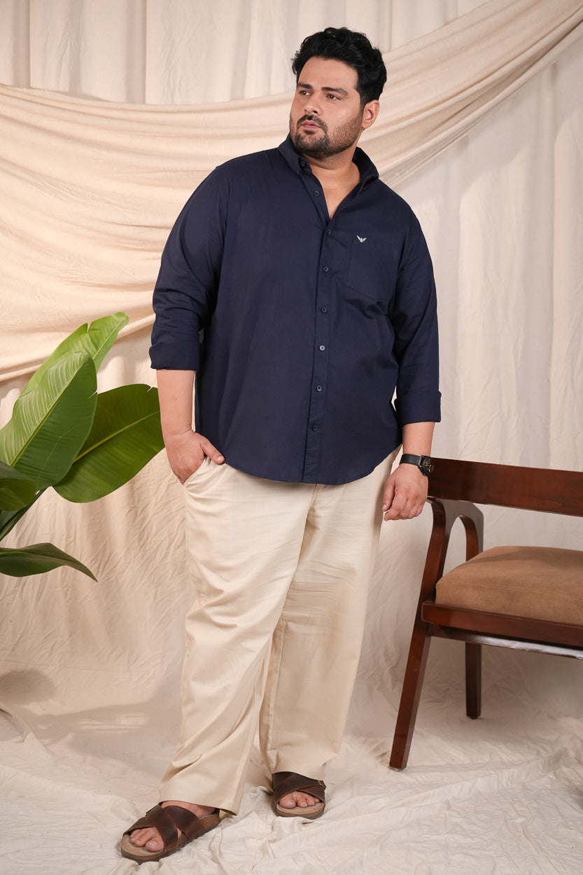 Navy Blue Pre-Washed Regular Plus Size Linen Blend Shirt