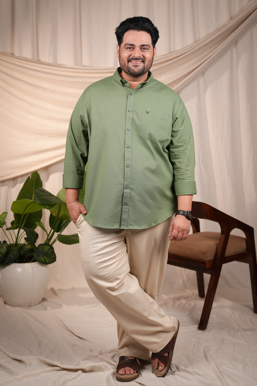Moss Green Pre-Washed Linen Cotton Regular Fit Plus Size Shirt
