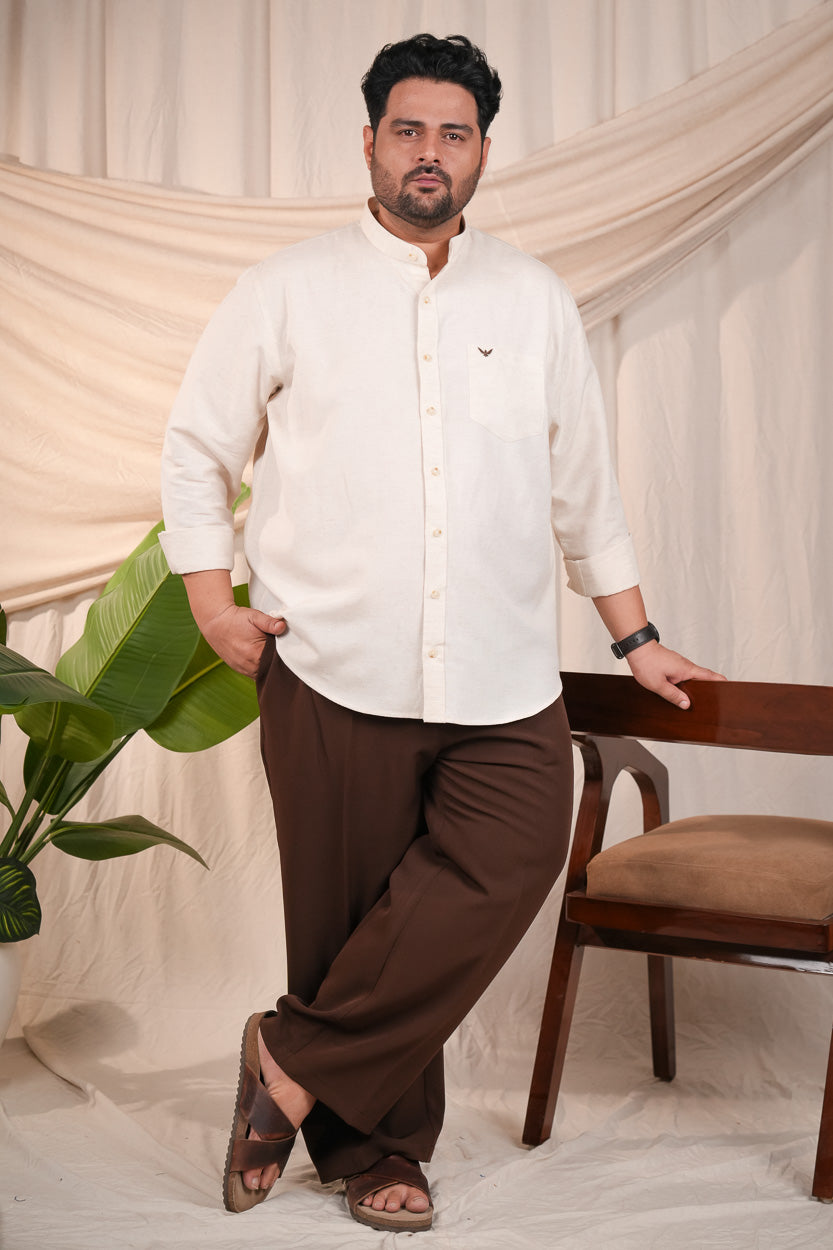 Beige Band Collar Linen Blend Regular Plus Size Shirt