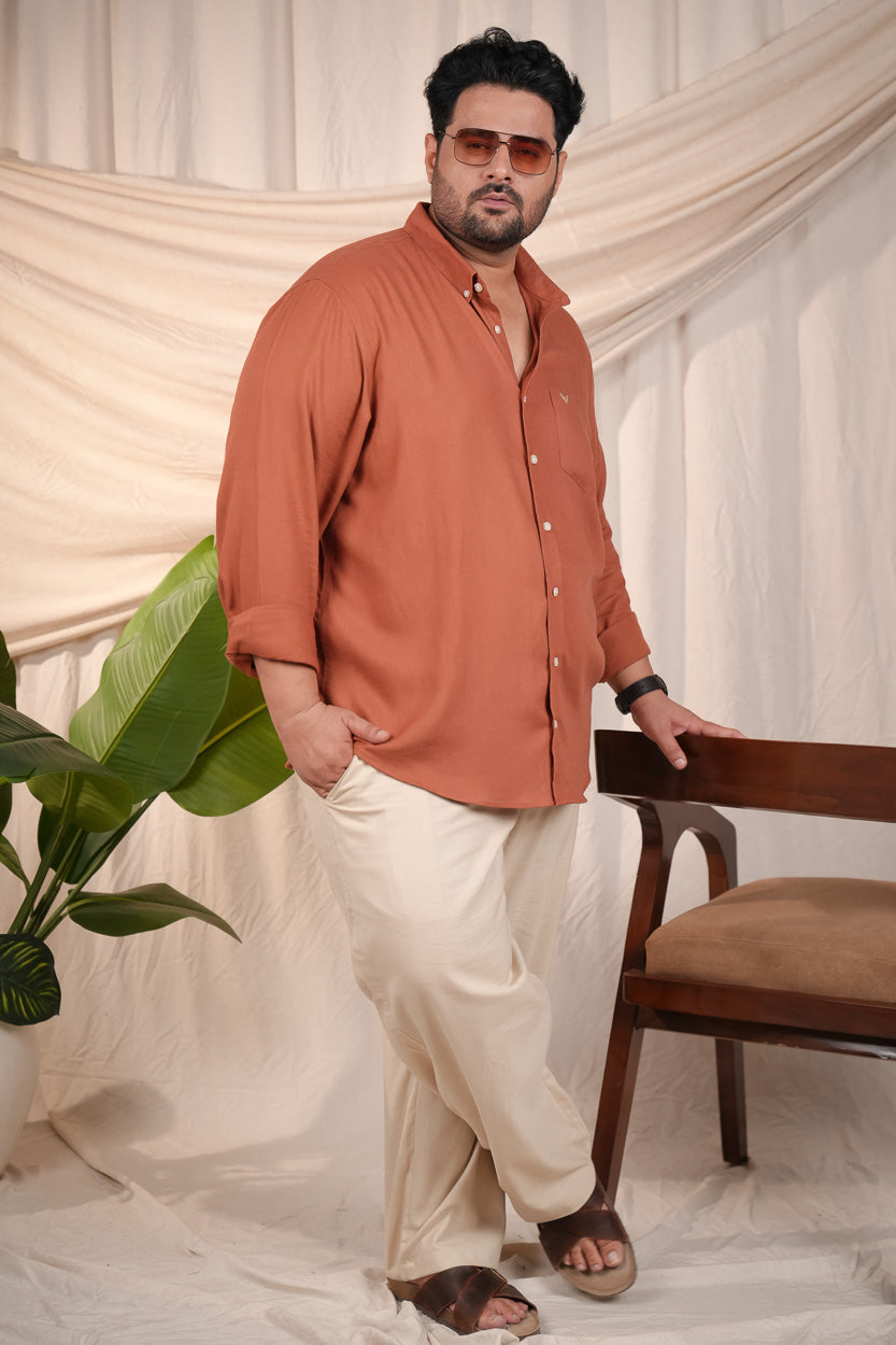 Rust Solid Pre-Washed Regular Plus Size Linen Cotton Shirt