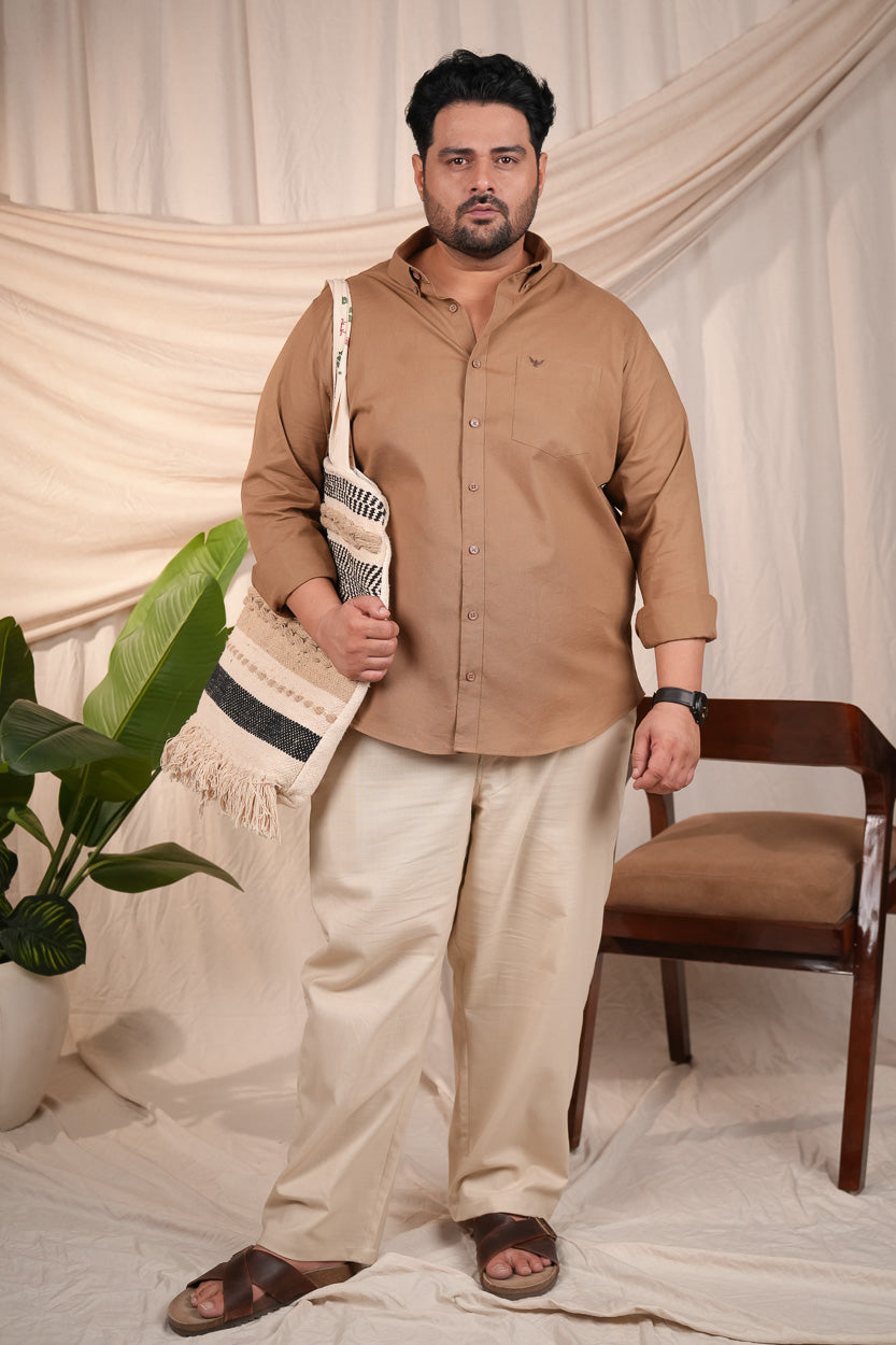 Brown Pre-Washed Linen Regular Plus Size Blend Shirt