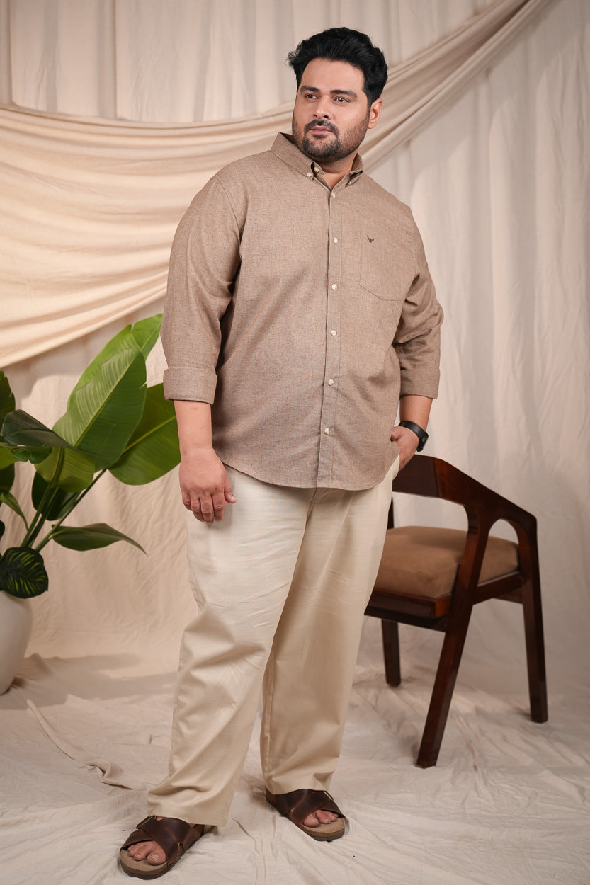 Brown Natural Textured Solid Pre-Washed Regular Plus Size Linen Cotton Shirt