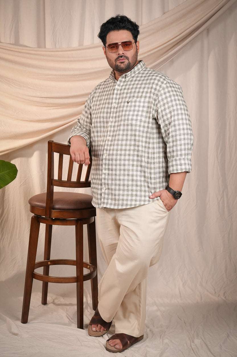 Meadow Green Checks Pre-Washed Linen Cotton Regular Fit Plus Size Shirt