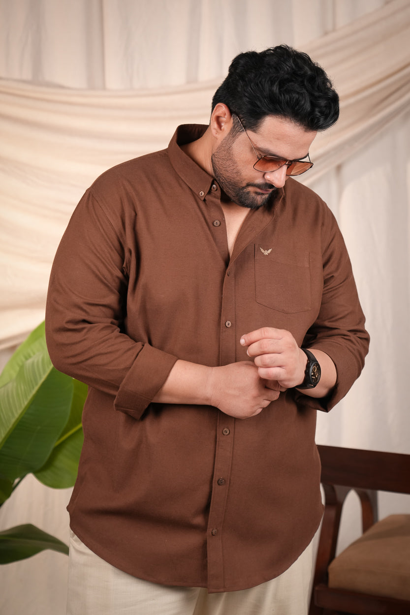 Dark Brown Solid Slim Regular Fit Plus Size Linen Cotton Shirt