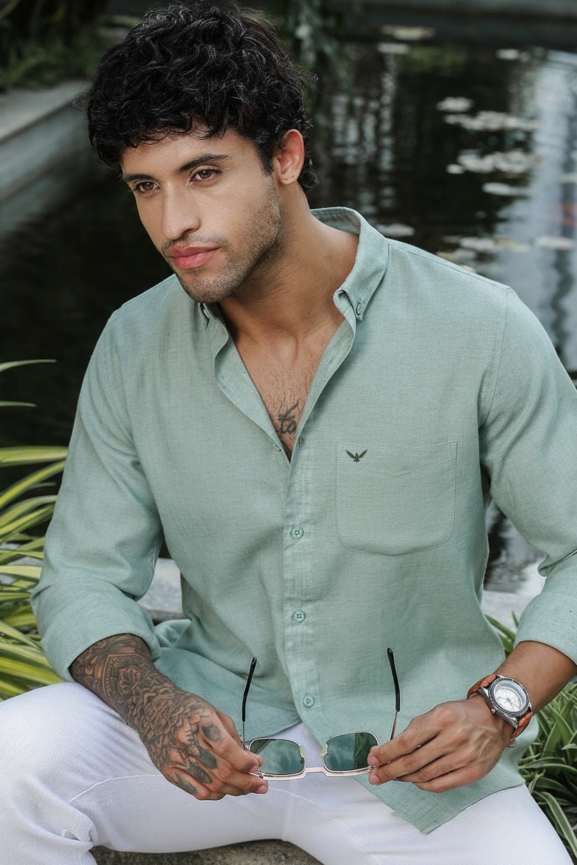 Pastel Green Solid Slim Fit Pre-Washed Linen Shirt