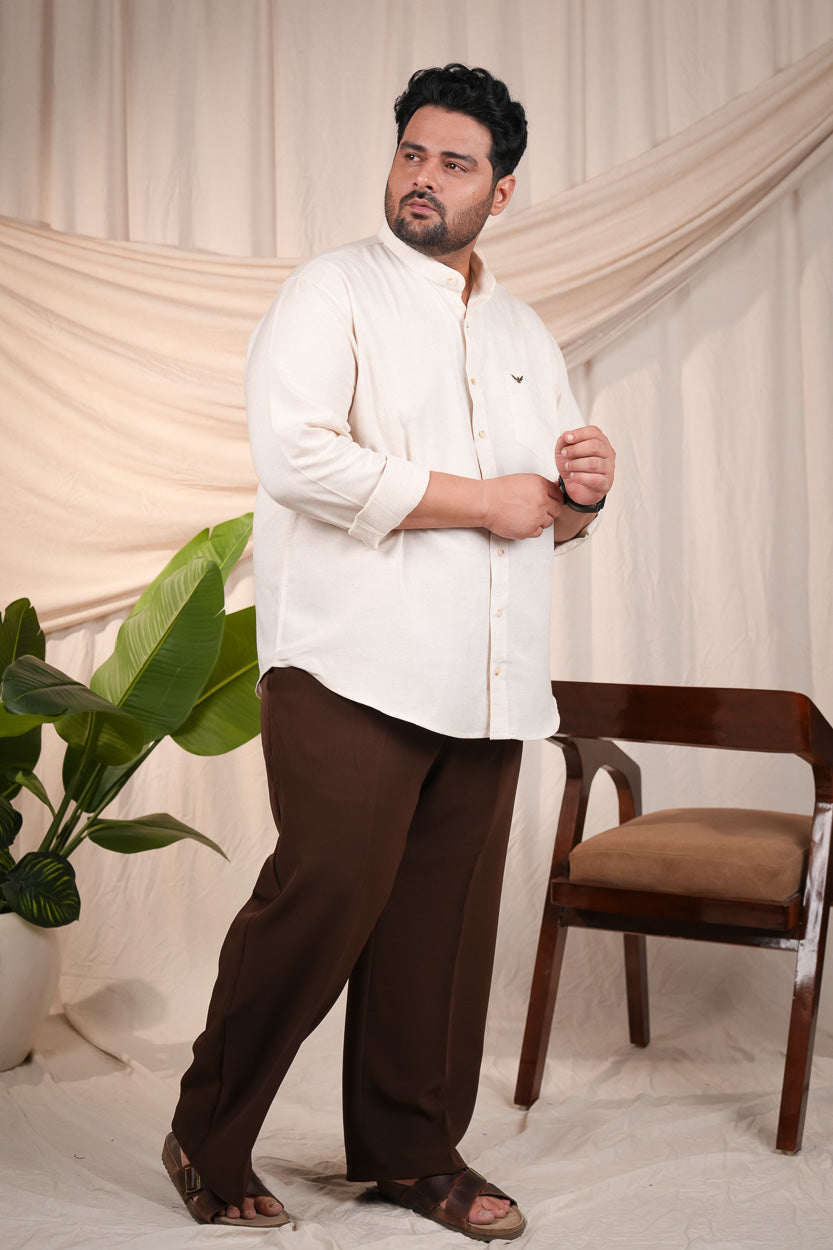 Beige Band Collar Linen Blend Regular Plus Size Shirt