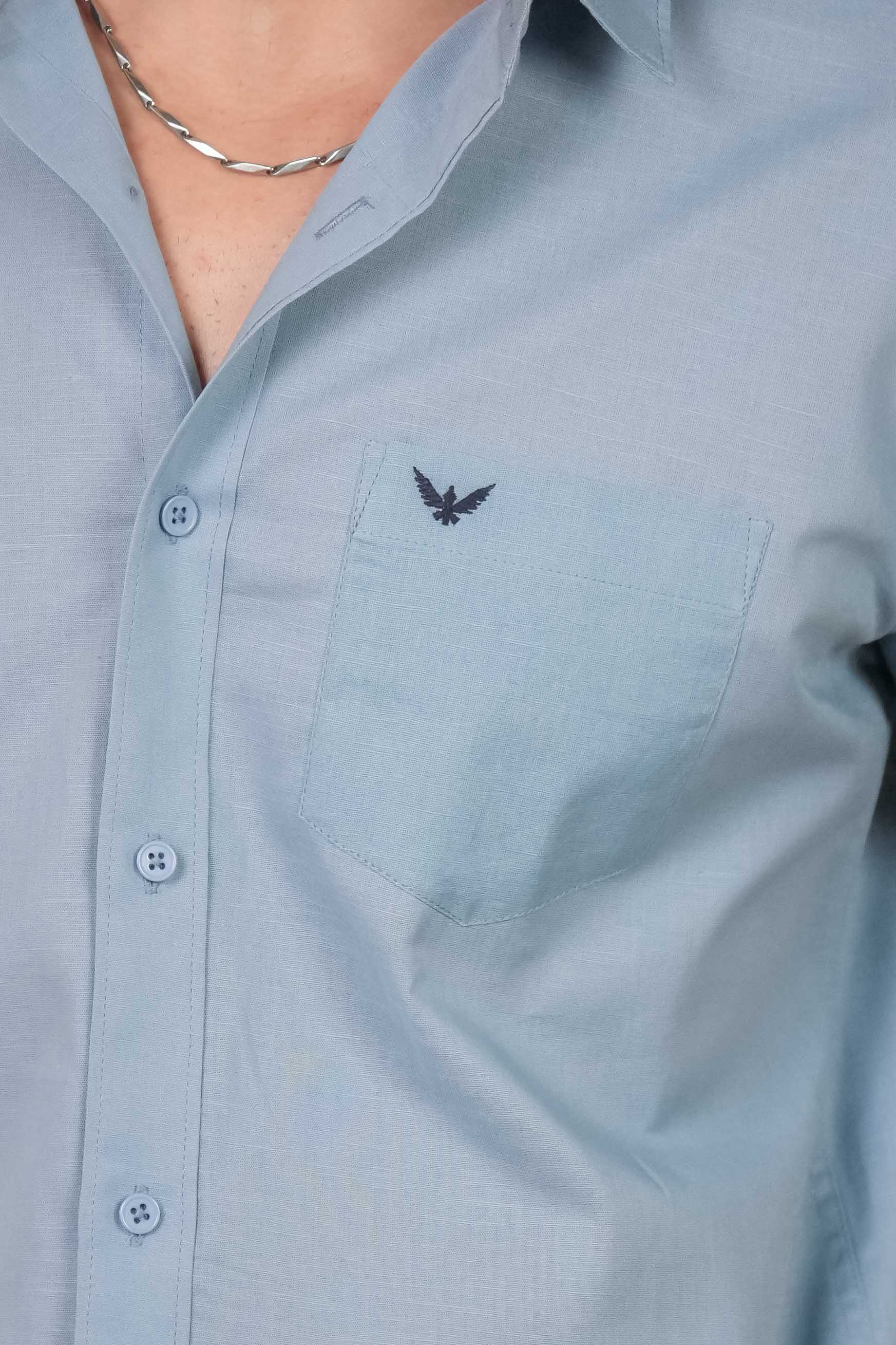 Aqua Blue Solid Pre-Washed Linen Cotton Slim Fit Shirt