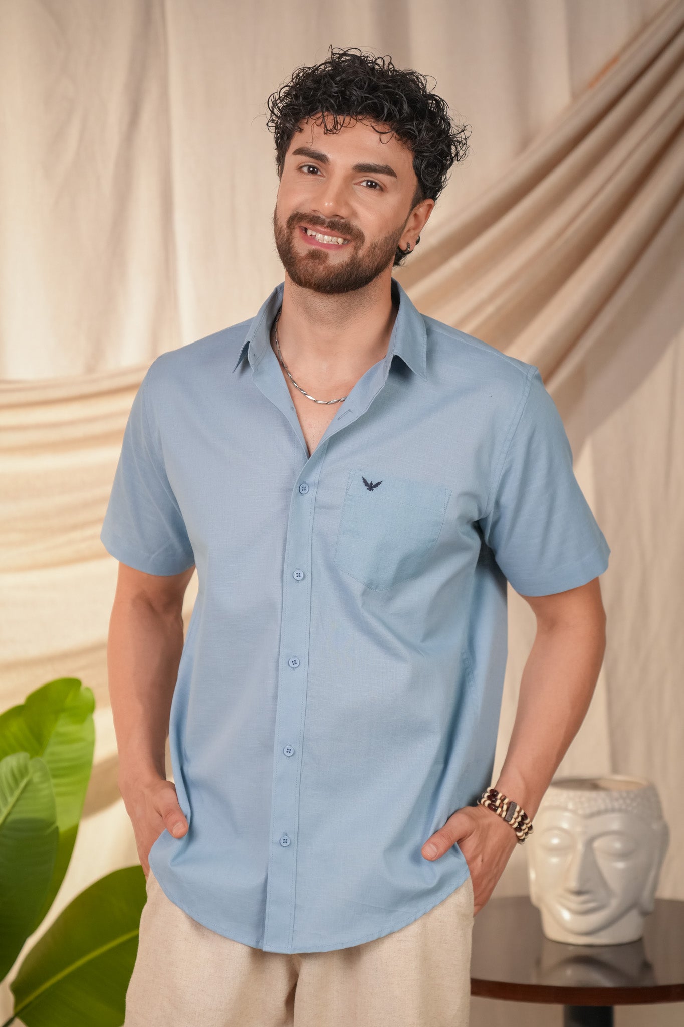 Aqua Blue Solid Pre-Washed Linen Cotton Slim Fit Shirt