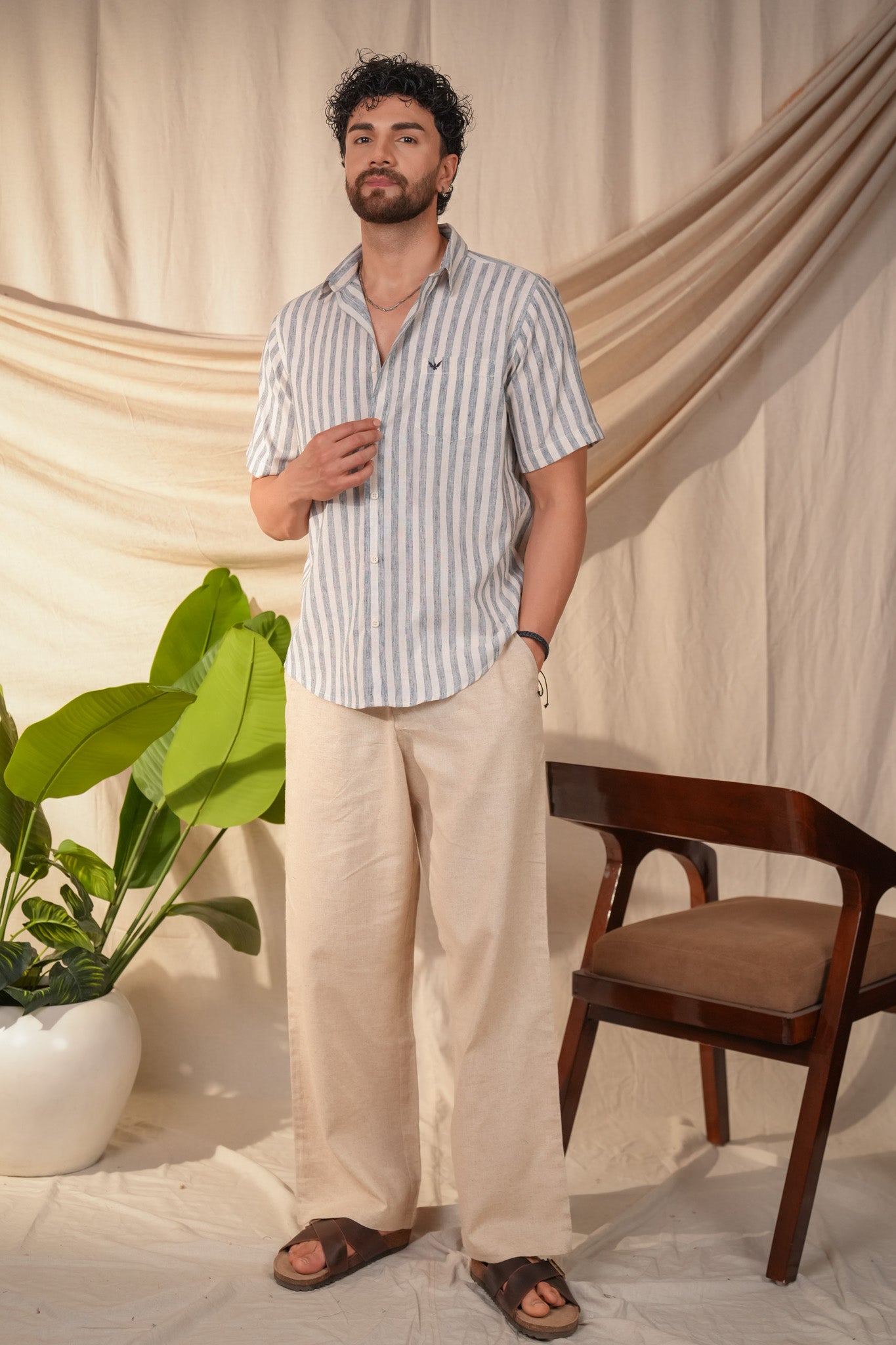 Ocean Blue Striped Pre-Washed Linen Cotton Slim Fit Shirt