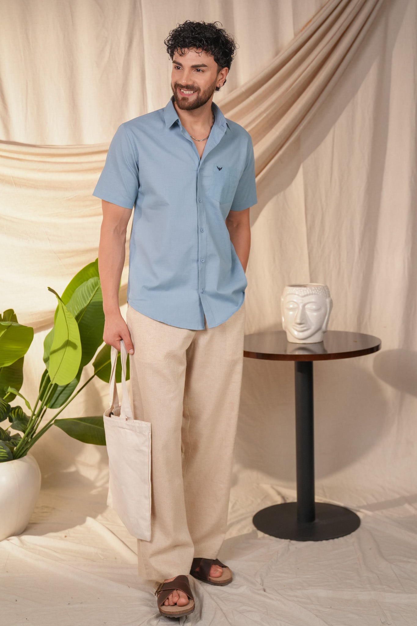 Aqua Blue Solid Pre-Washed Linen Cotton Slim Fit Shirt