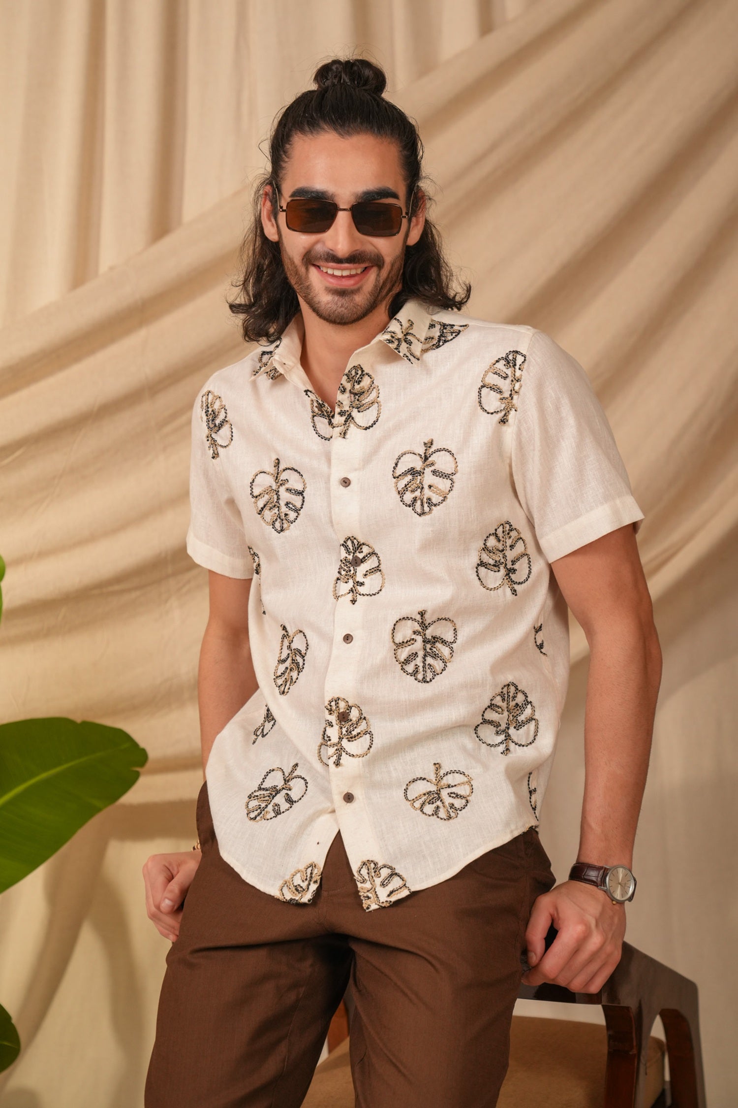 Beige Natural Grains Solid Pre-Washed Linen Cotton Slim Fit Shirt
