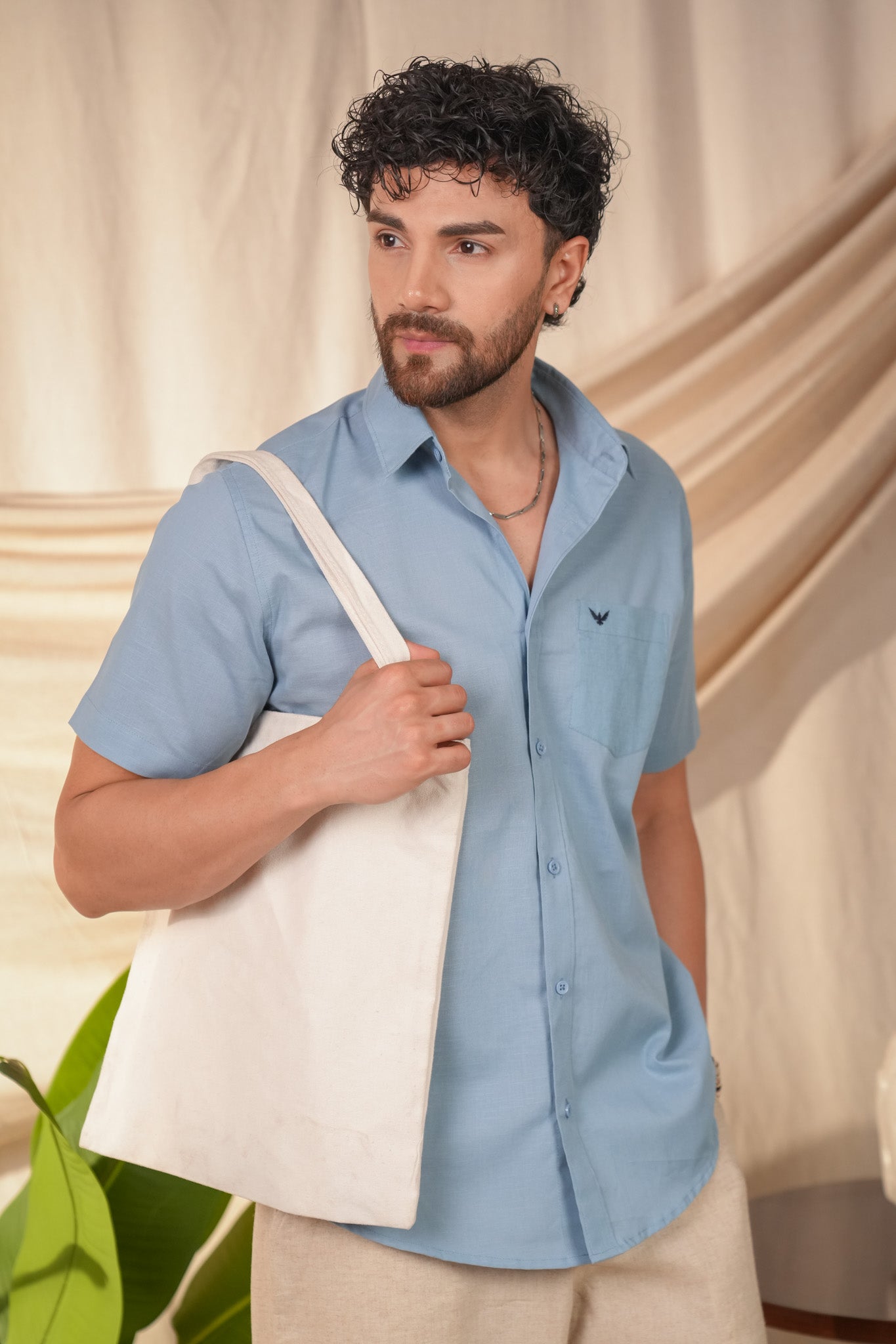 Aqua Blue Solid Pre-Washed Linen Cotton Slim Fit Shirt