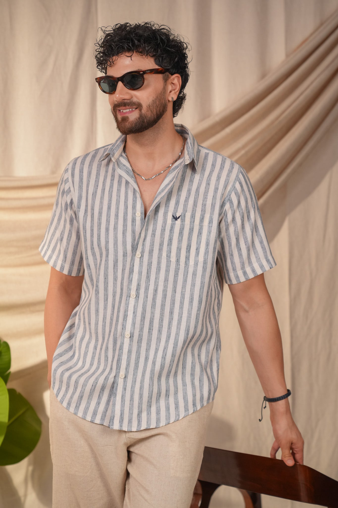 Ocean Blue Striped Pre-Washed Linen Cotton Slim Fit Shirt