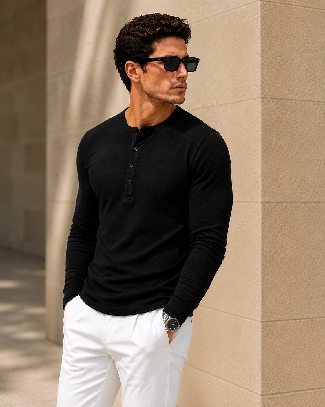 Black Waffle Henley Full Sleeve T-Shirt