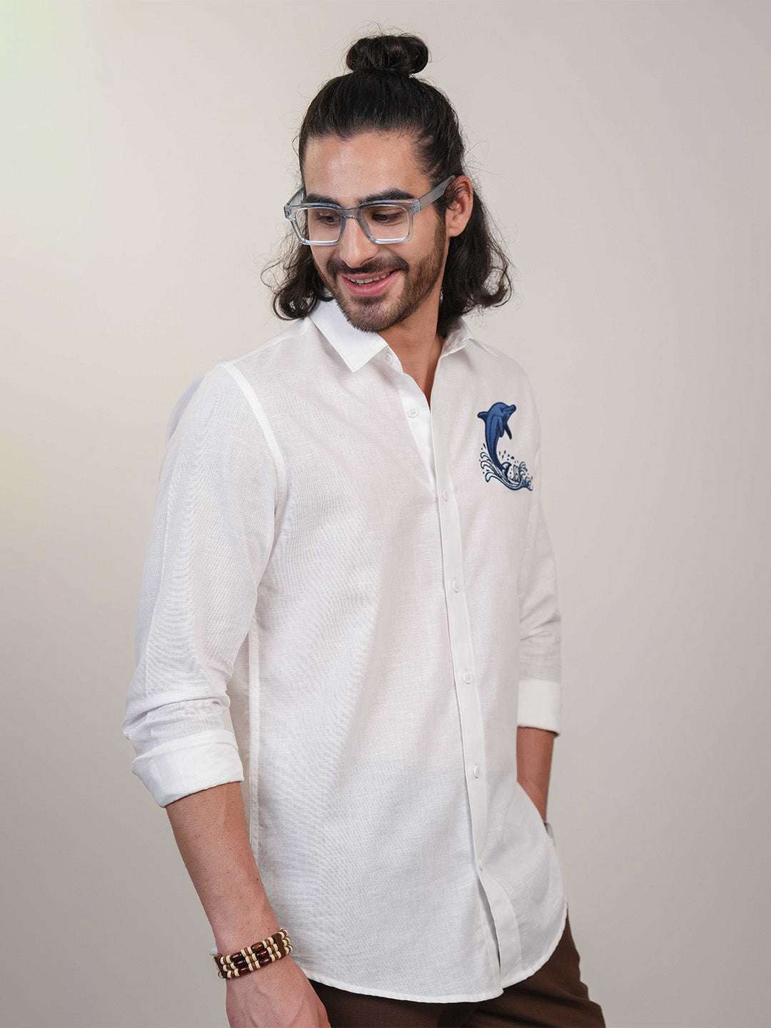 White Dolphin Embroidery Linen Cotton Shirt