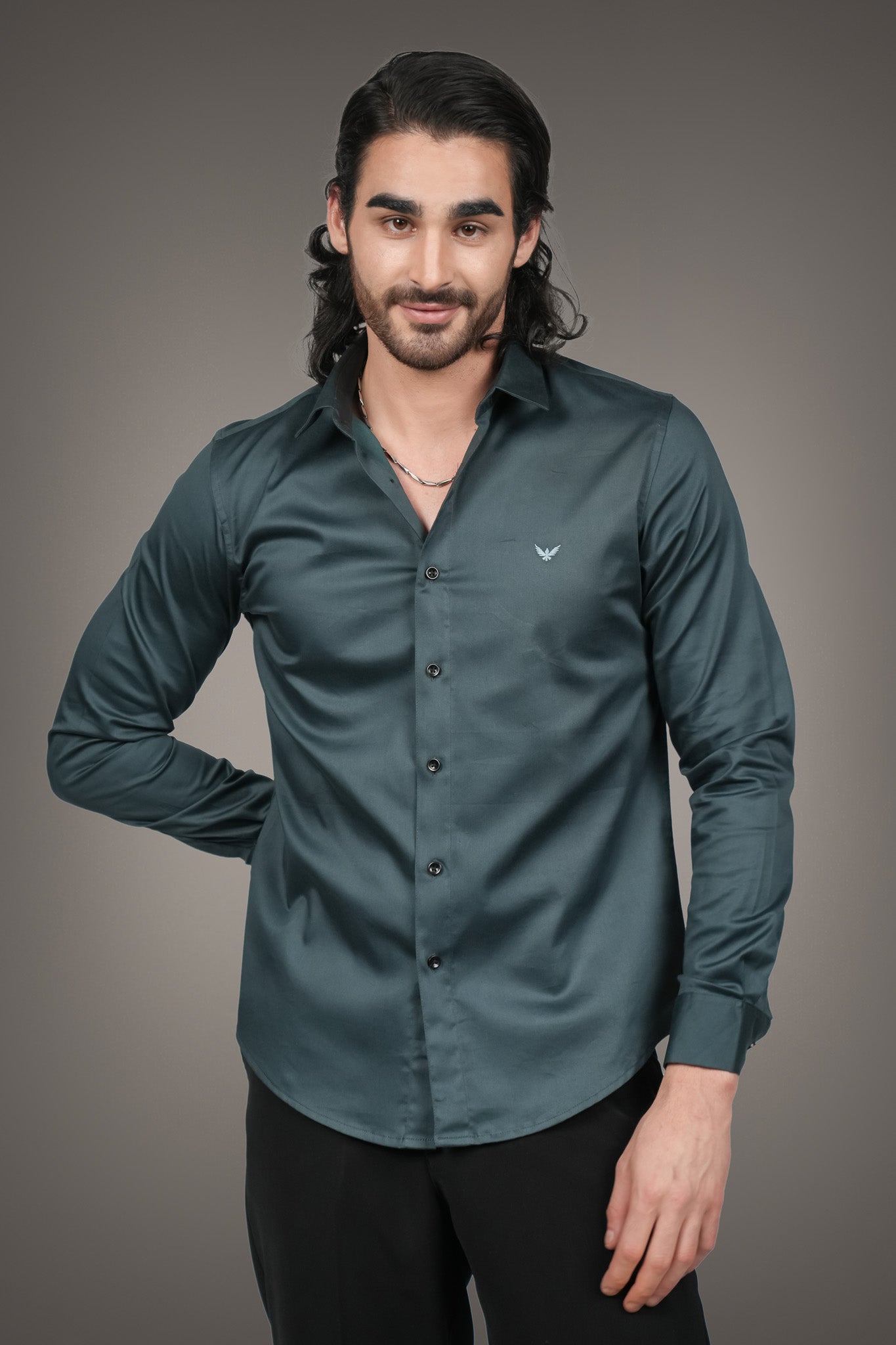 Teal Solid Cotton Satin Slim Fit Shirt
