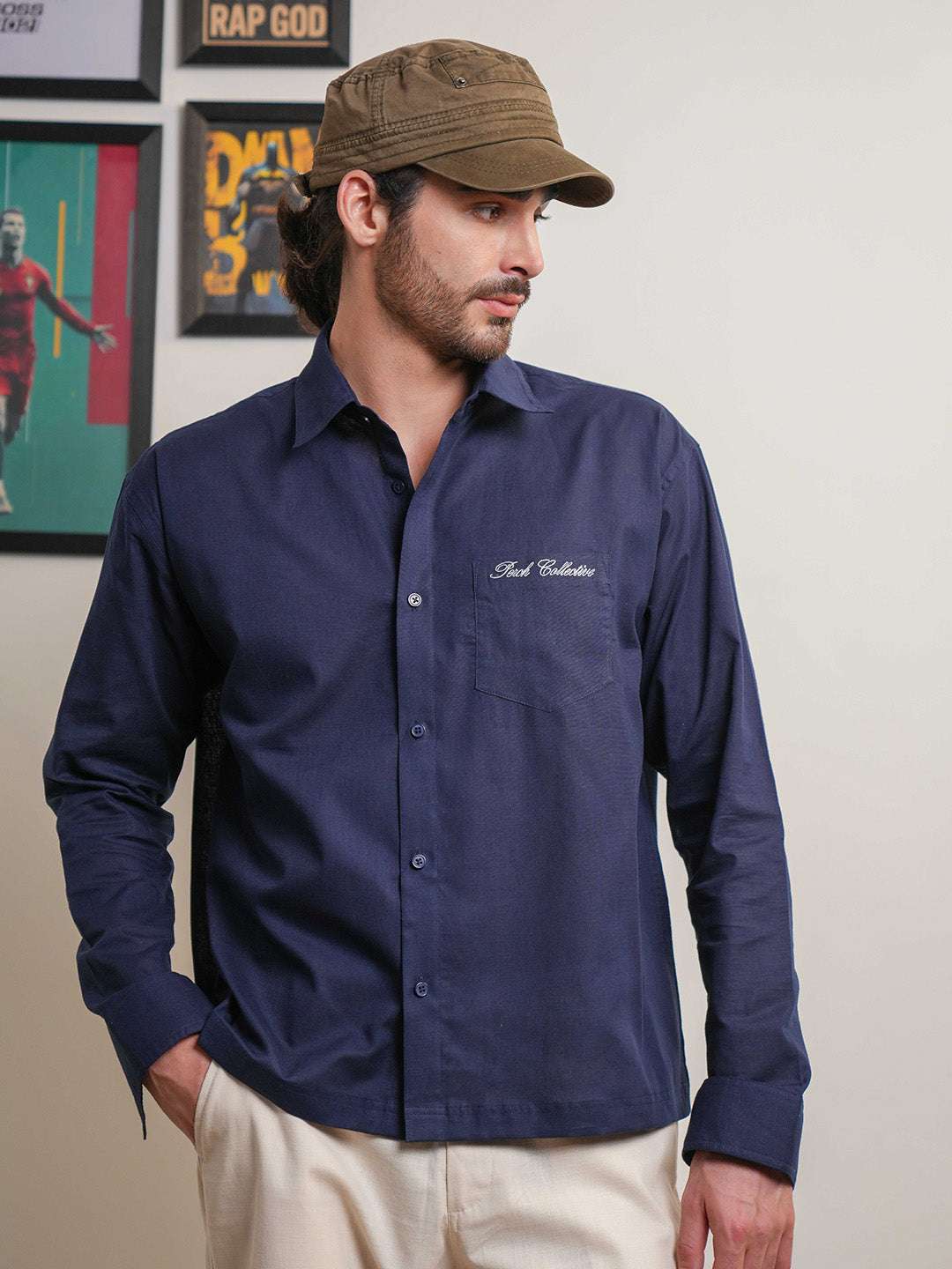 Navy Blue Solid Linen Cotton Boxy Fit Shirt