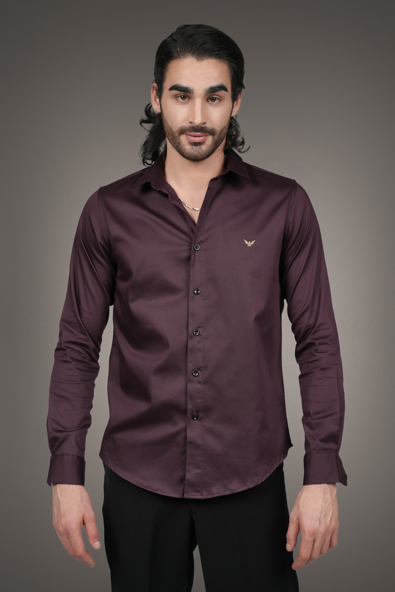 Wine Solid Cotton Satin Slim Fit Shirt