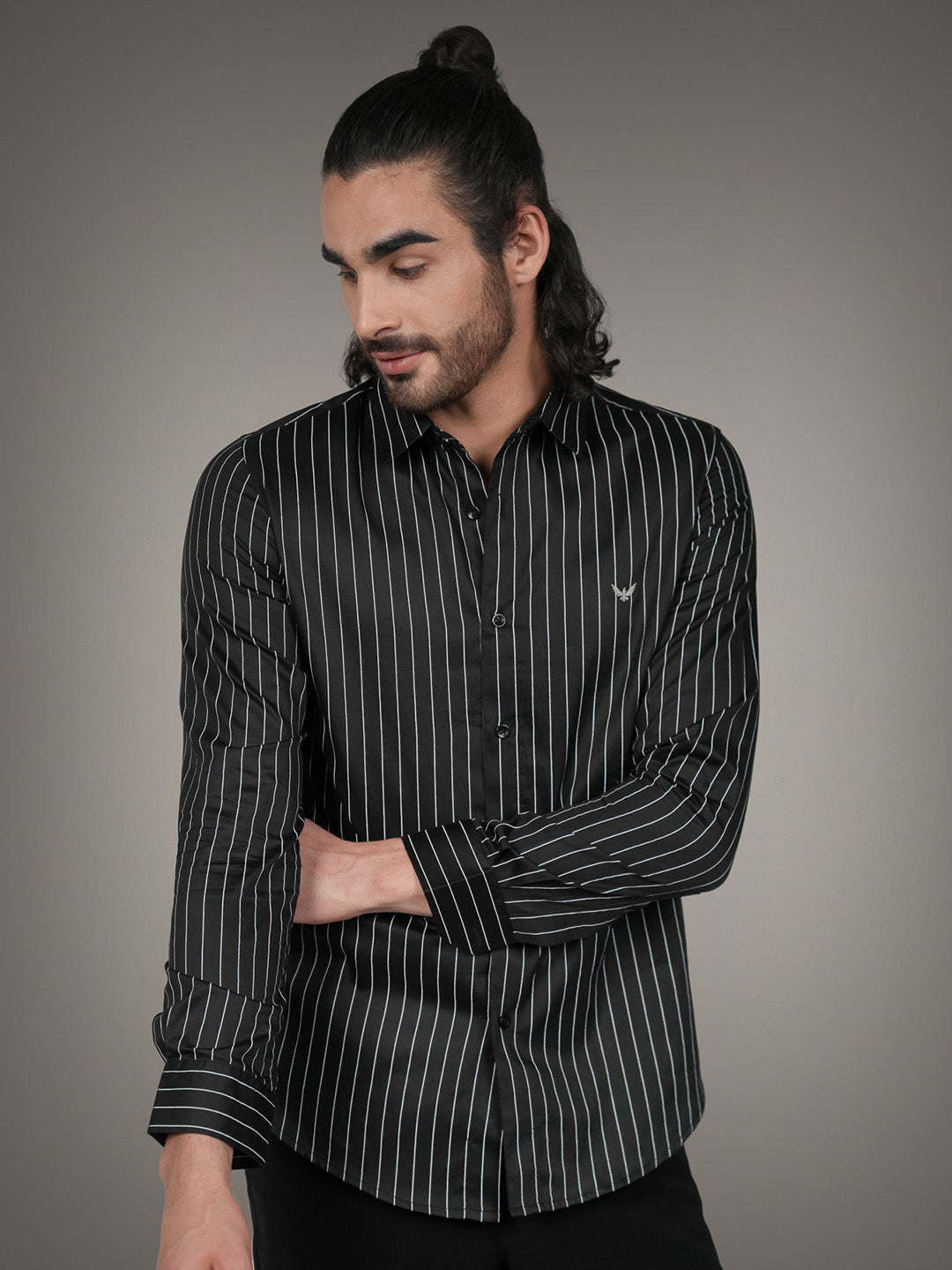 Black Cotton Satin Slim Fit Striped Casual Shirt for Men