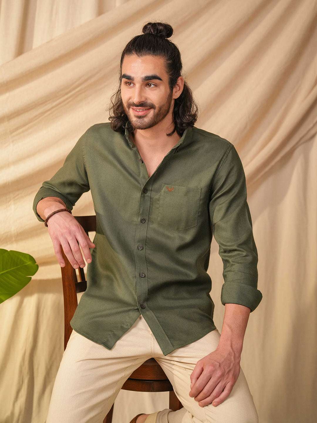 Olive Green Solid Pre-Washed Linen Cotton Slim Fit Shirt