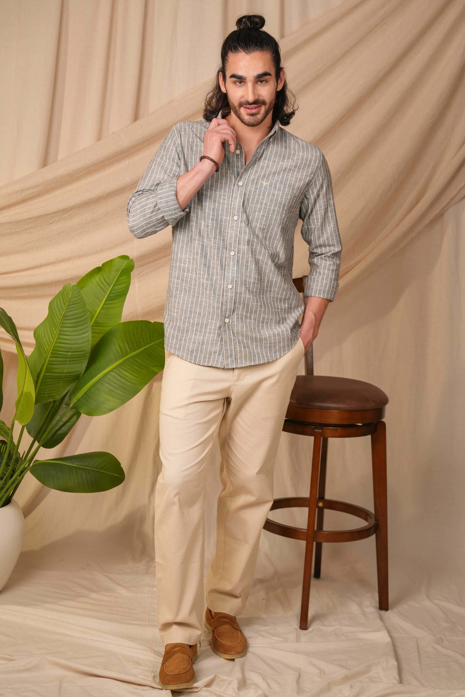 Dusty Grey Striped Pre-Washed Linen Cotton Slim Fit Shirt