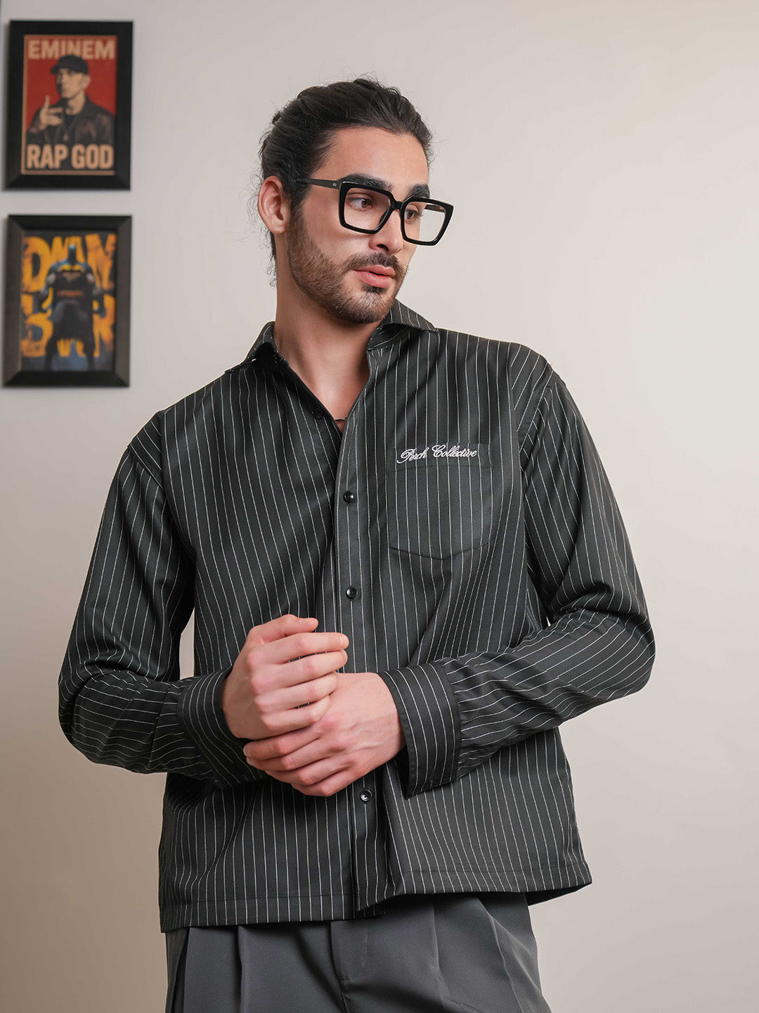 Black Striped Cotton Boxy Fit Shirt