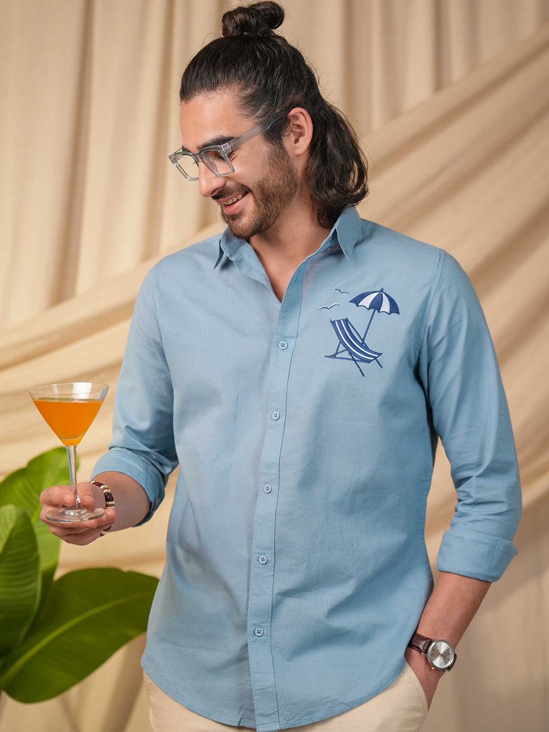 Aqua Blue Beach Chair Embroidery Linen Cotton Shirt