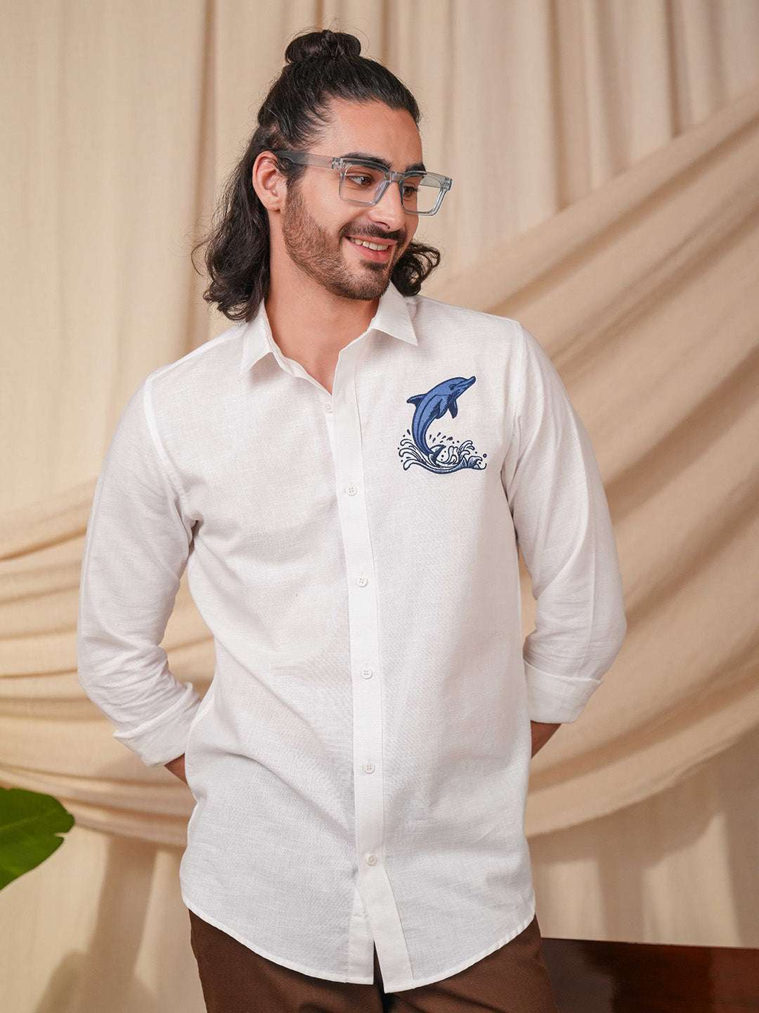 White Dolphin Embroidery Linen Cotton Shirt