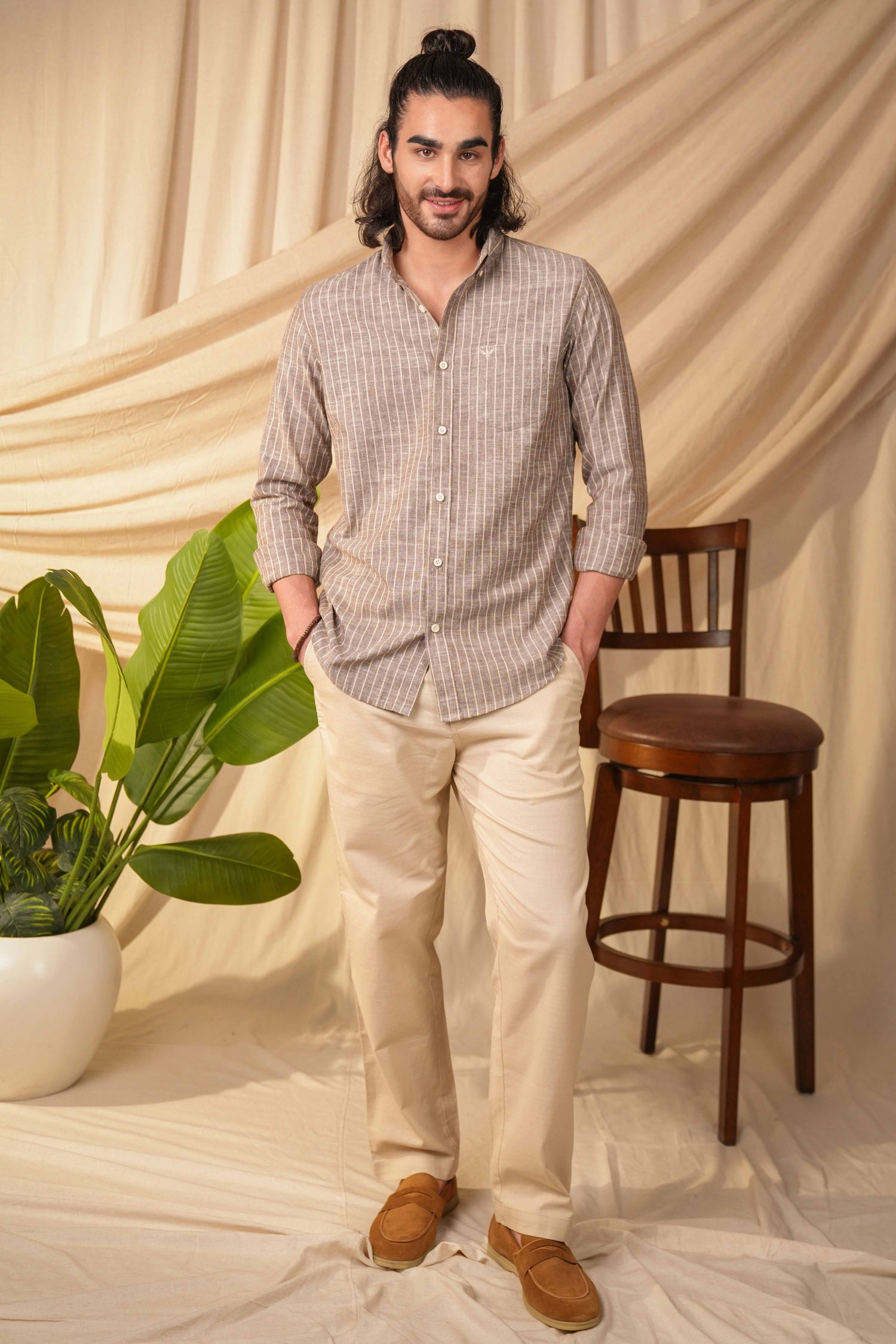 Dusty Brown Striped Pre-Washed Linen Cotton Slim Fit Shirt