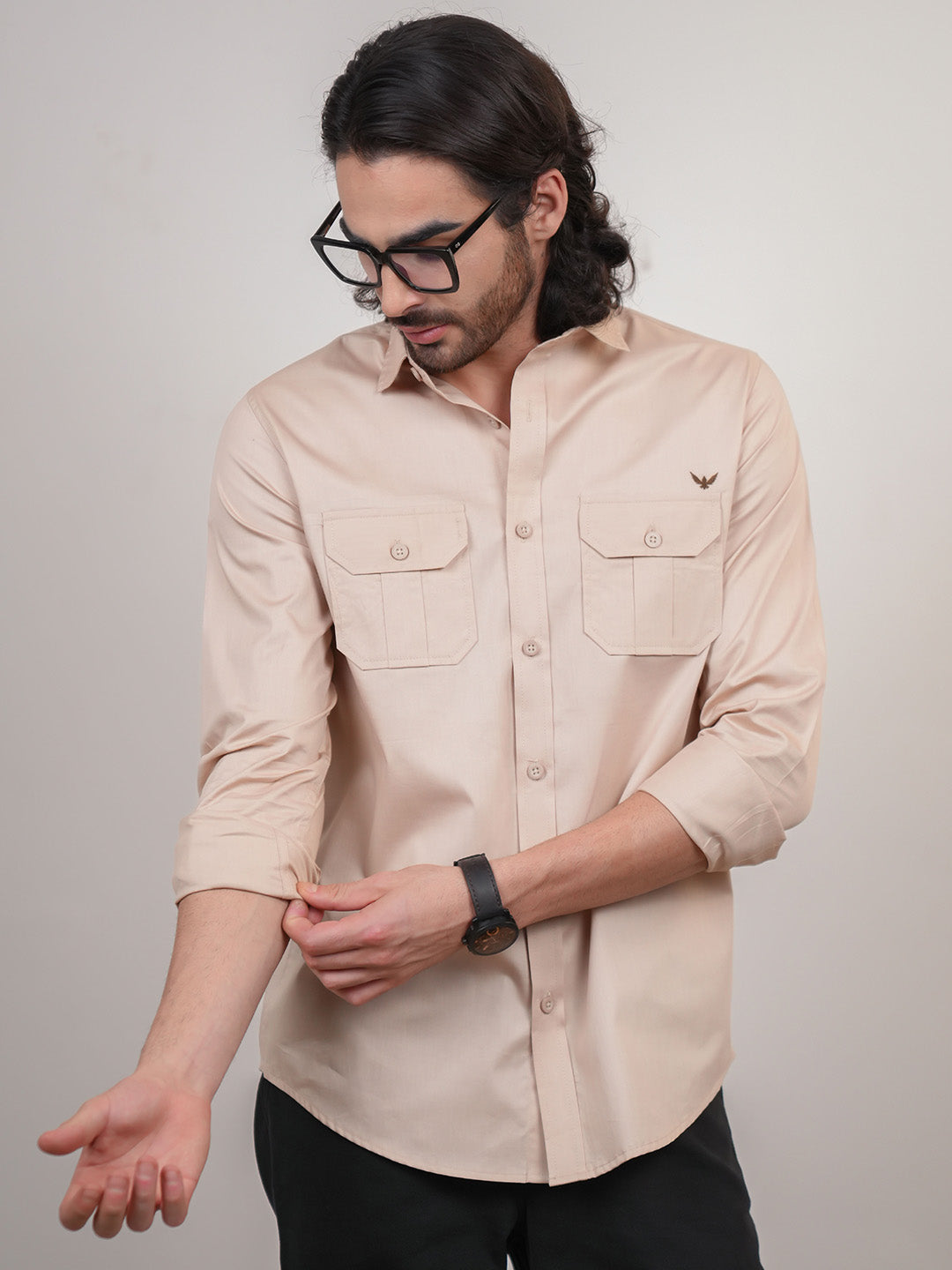 Earthy Beige Solid Cotton Twill Slim Fit Shirt